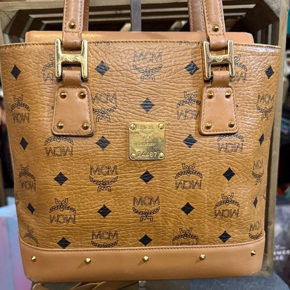 MCM Mini Cognac Leather Tote with Logo Pattern - Picture 1 of 16